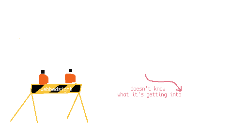 under construction! below, a construction barrier brandished 'webbedsight', and a crudely drawn chicory holding a hammer. there is text pointing to chicory stating 'doesn't know what it's getting into